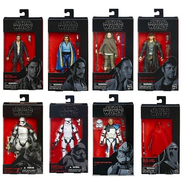 Captain Poe Dameron, Lando Calrissian, Rey (Island Journey), DJ (Canto Bright), Captain Phasma, First Order Stormtrooper, Clone Captain Rex, Royal Guard | Star Wars The Black Series 6" Action Figures | Hasbro | Woozy Moo